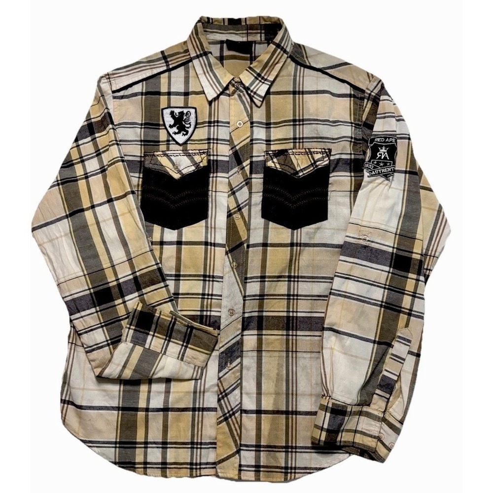 Red Ape Mens Tan Black Plaid Button Down Shirt Lion Crest Patch Size Large - Picture 2 of 16